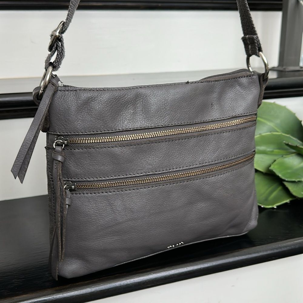 The Sak genuine leather crossbody shoulder Handbag purse neutral grey